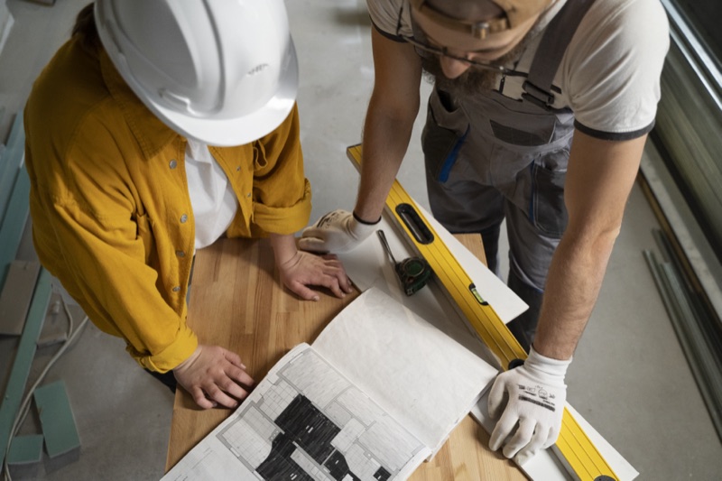 Two workers examine plans on a construction site